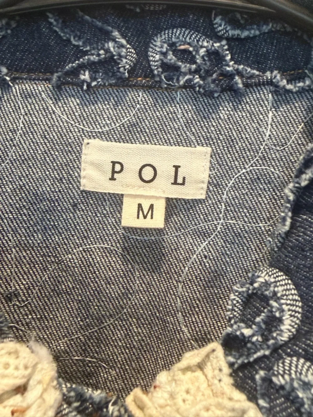 POL Blue Distressed Floral Jean Jacket with Cream Trim Medium Oversized - Picture 5 of 7